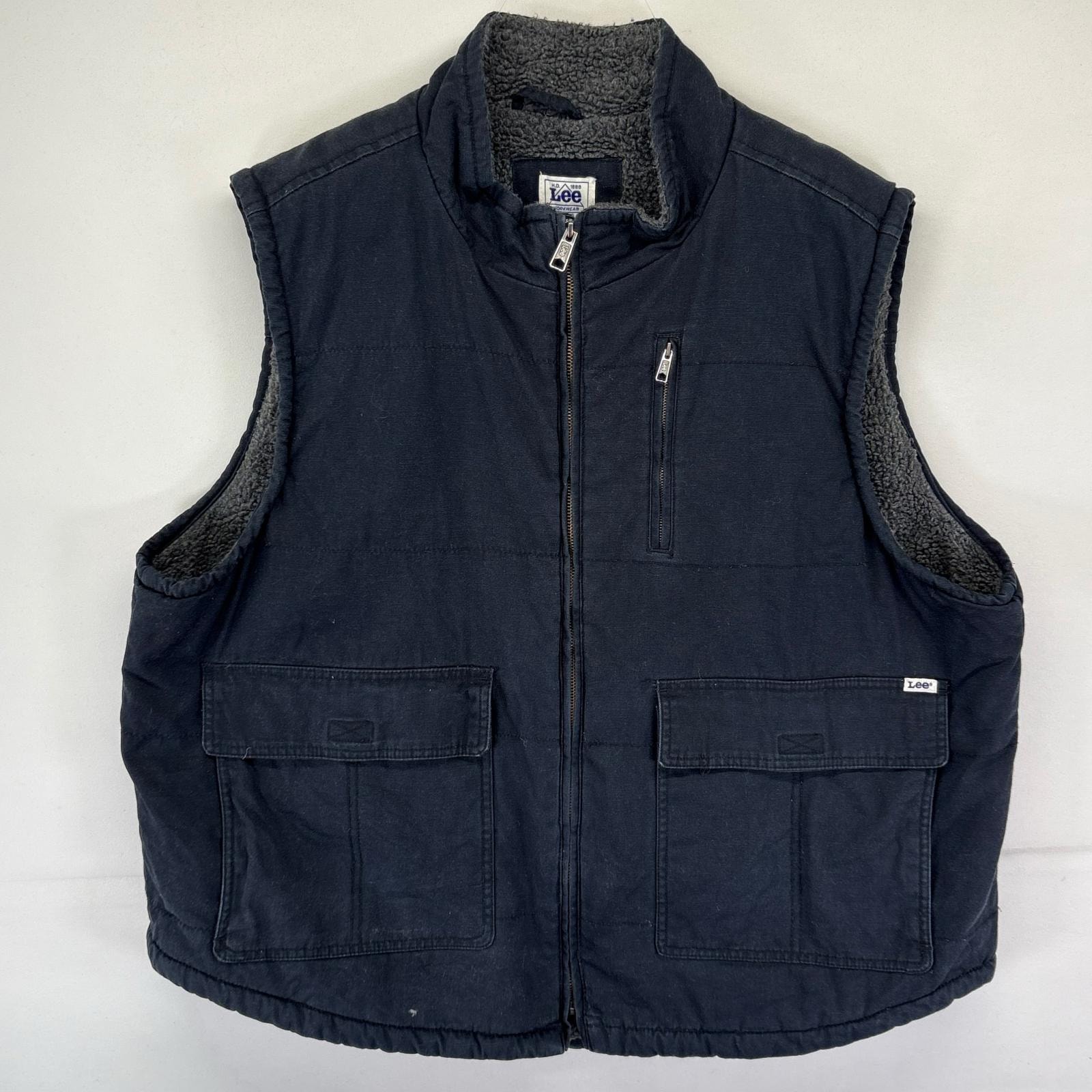 古着 リー Lee ダック ベスト フルジップ ワンポイントロゴ 大きいサイズ ボアライナー 2XL  ブラック系 メンズ