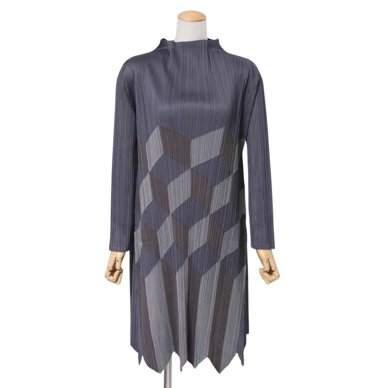■美品■PLEATS PLEASE ISSEY MIYAKE プリーツプリーズ イッセイミヤケ ワンピース サイズ3 プリーツワンピース チュニック パッチワーク ハイネック ネイビー/グレー/カーキ ブランド古着【中古】20250129/RA3078