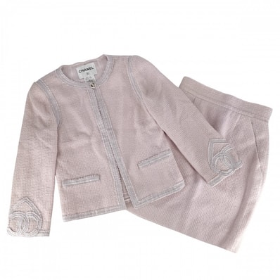 CHANEL シャネル セットアップ ツイード ノーカラージャケット スカート ココマーク アパレル 服 38 ピンク ウール ナイロン レディース 春 秋 2009年【中古品】