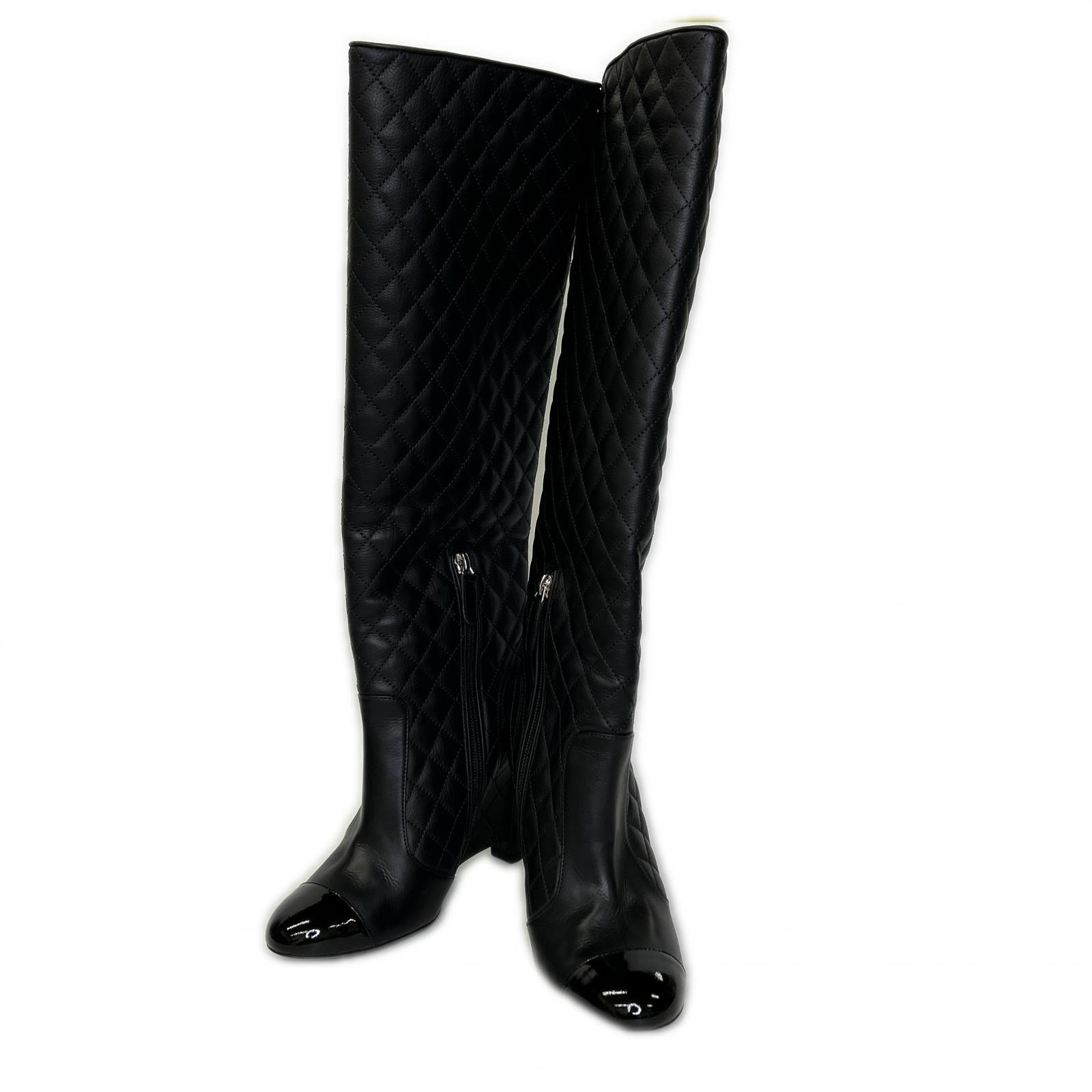 シャネル G28698 ココマーク パテントトゥ キルティング ロングブーツ 36 1/2C