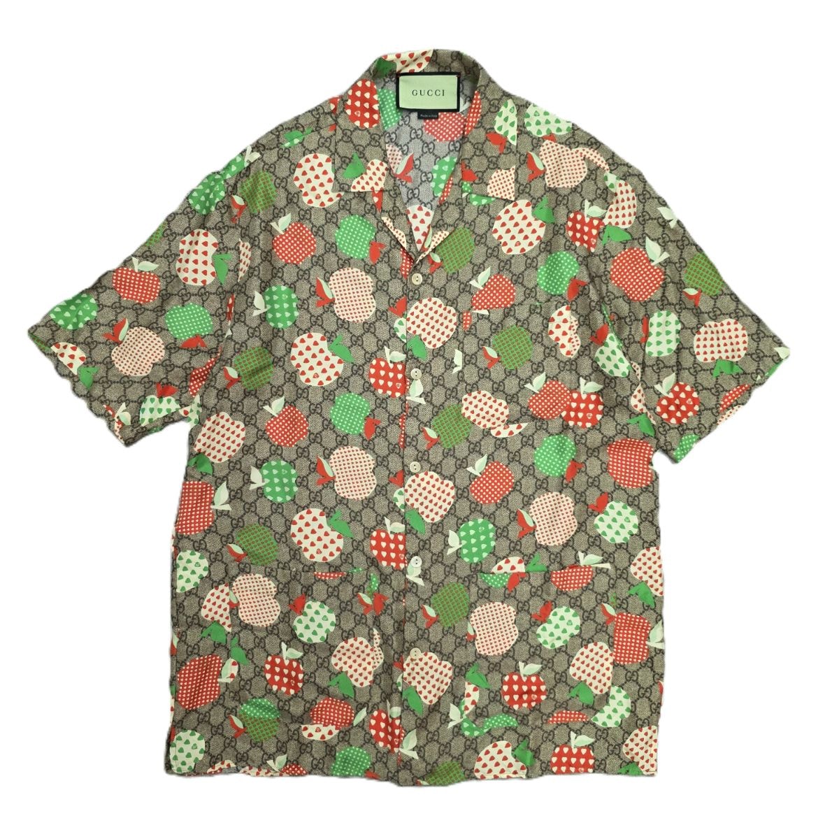 GUCCI グッチ 22AW レ ポム(Gucci Le Pom) GG総柄 りんご アップル シルク  半袖シャツ 663638 44 シルク ベージュ レッド グリーン  メンズ【中古】