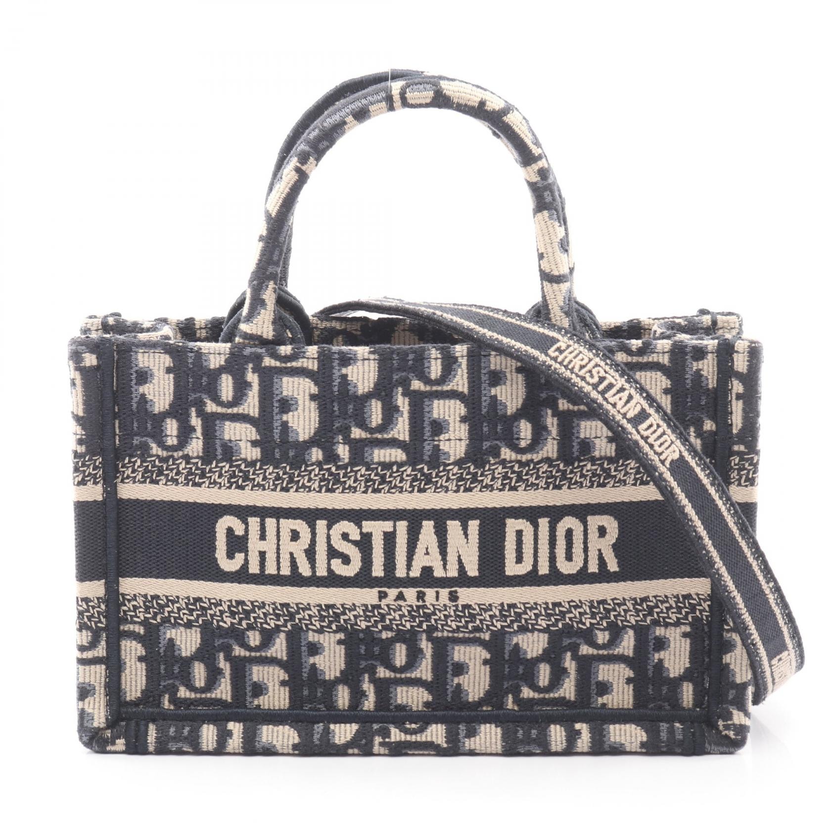 ディオール Dior BOOK TOTE ブックトート ミニ オブリーク 2WAY トートバッグ バッグ キャンバス レディース ベージュ系 / ネイビー系 【中古】