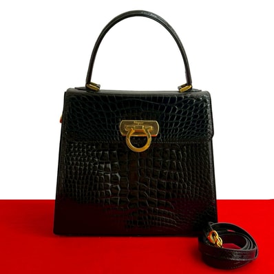 Salvatore Ferragamo サルヴァトーレフェラガモ ガンチーニ クロコダイル レザー ハンドバッグ ブラック
145-1