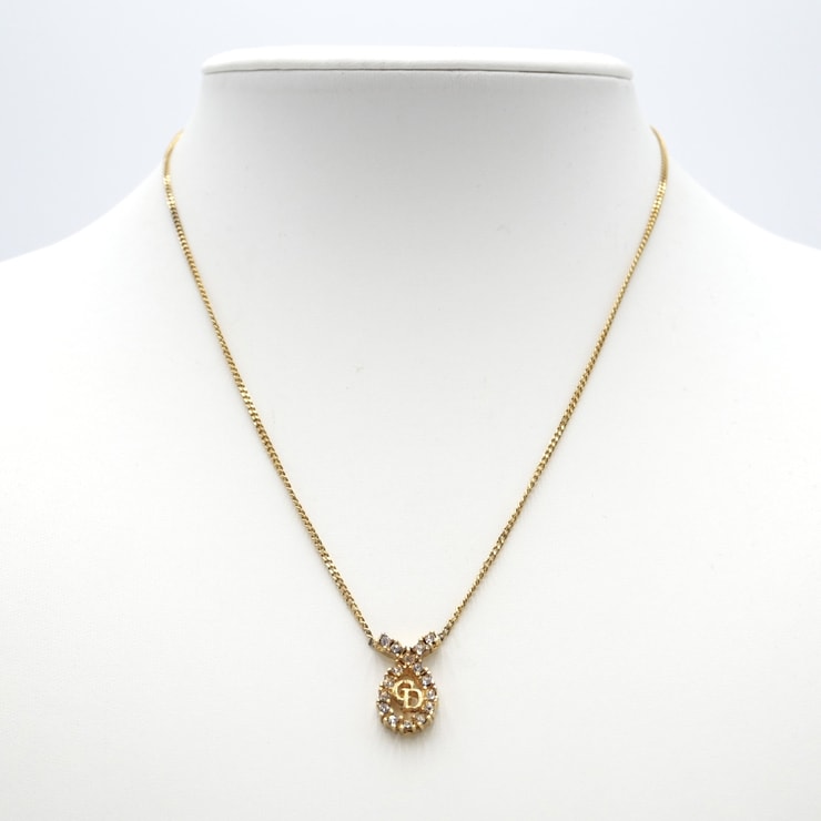 Christian Dior(クリスチャンディオール)ヴィンテージ ネックレス CDロゴ ラインストーン ゴールド チェーン ペンダント アクセサリー レディース【中古】