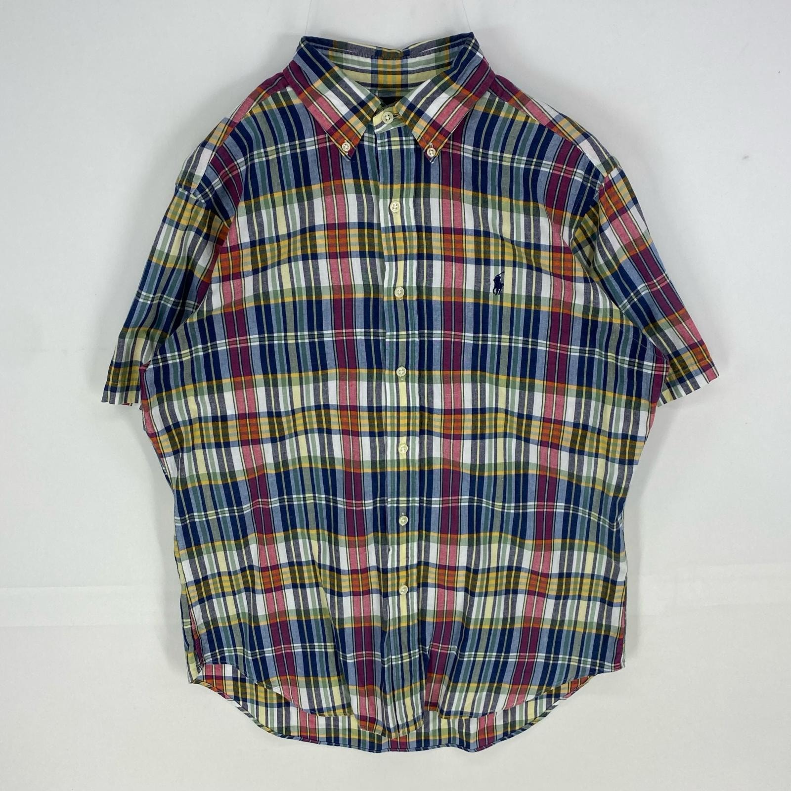 古着 ラルフローレン RALPH LAUREN 半袖シャツ 刺繍ロゴ ボタンダウン ショートスリーブ ワンポイント M ネイビー系 チェック メンズ