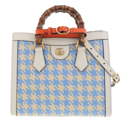 GUCCI グッチ ダイアナ スモール トート ハンドバッグ 702721 レザー ラフィア ホワイト ライトブルー ベージュ レディース【中古】