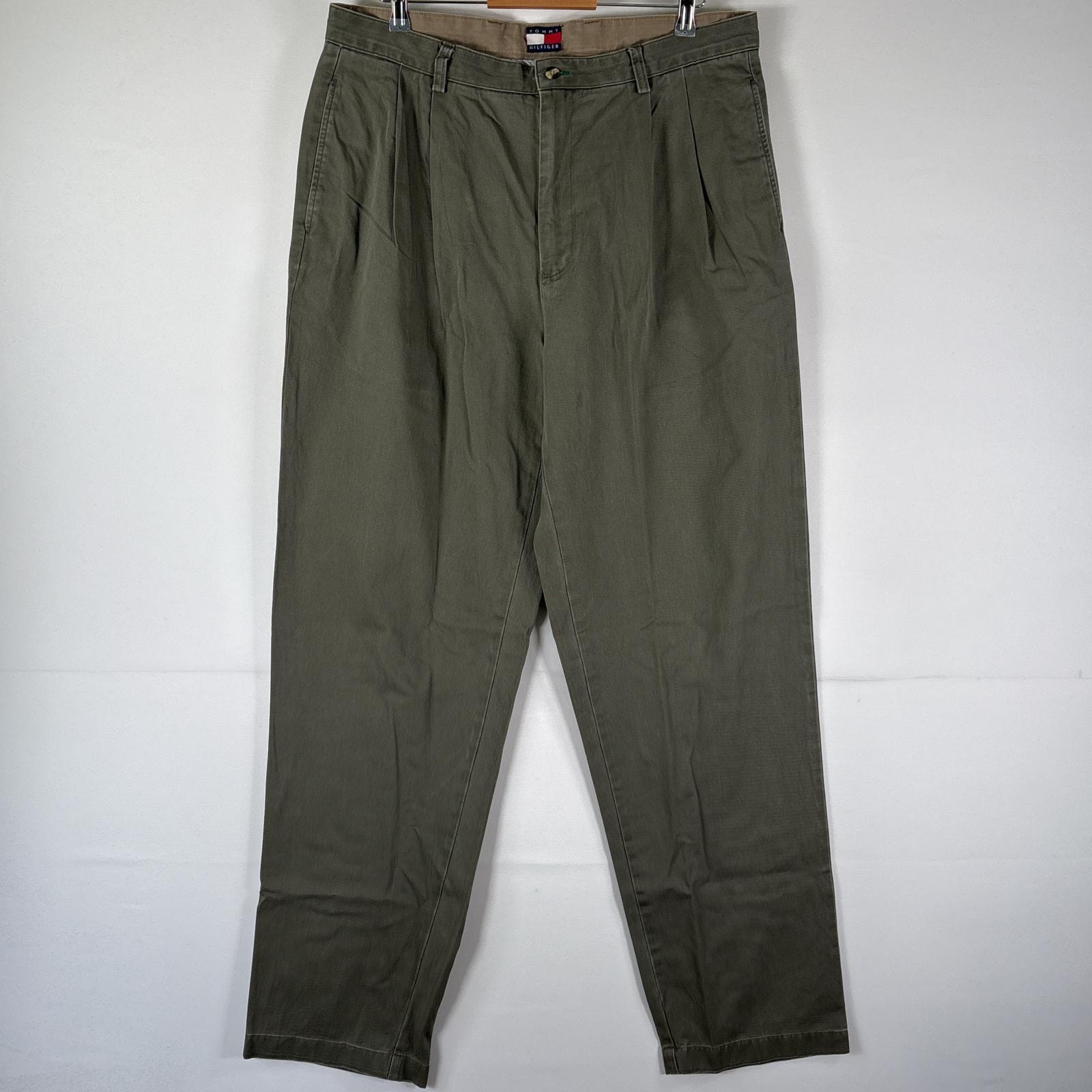 古着 トミーヒルフィガー TOMMY HILFIGER チノパンツ 長ズボン ボトムス 大きいサイズ ワンポイントロゴ刺繍 w38 L35  グリーン系 メンズ