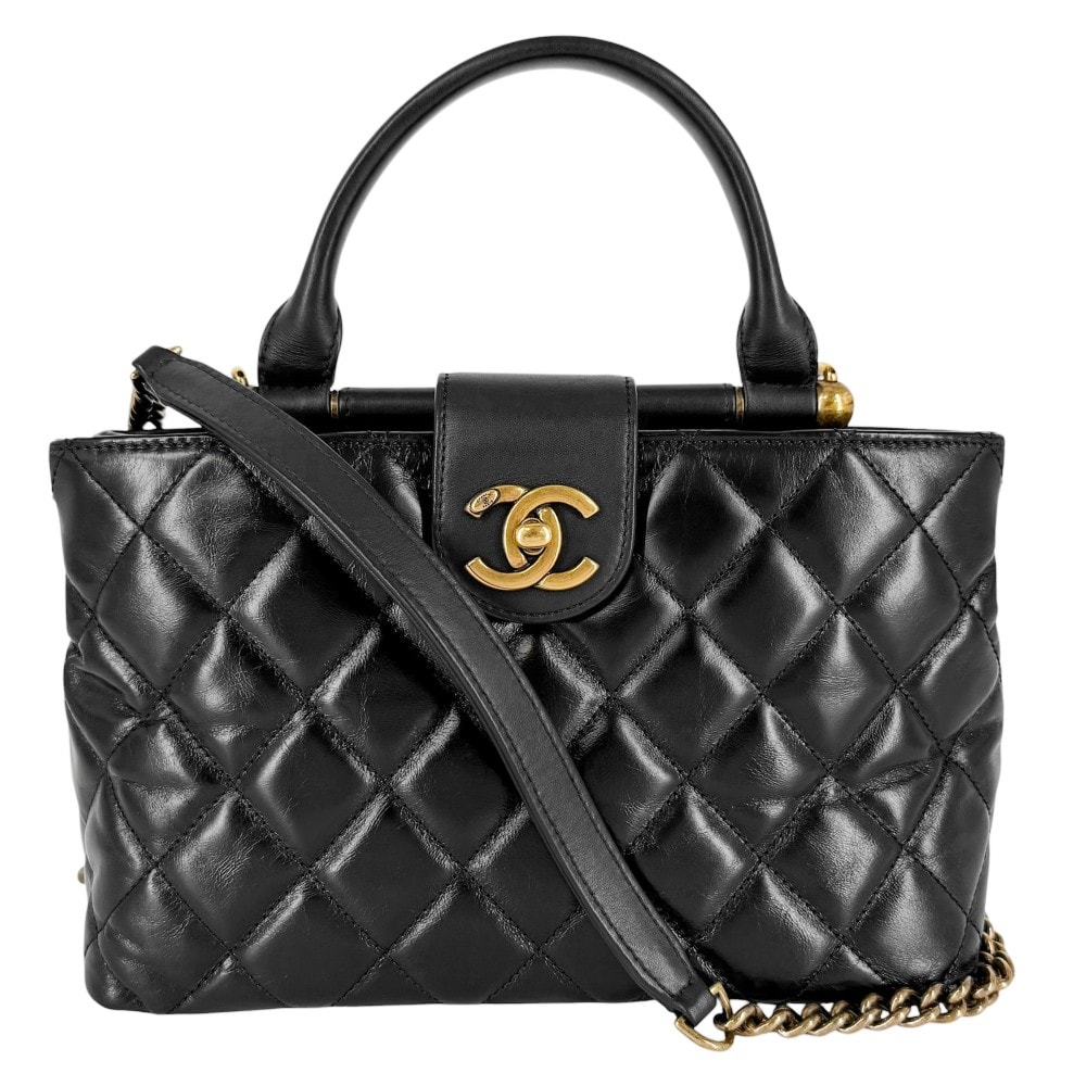 CHANEL シャネル 2WAY マトラッセ ターンロック ショルダーバッグ ハンドバッグ 肩掛け 斜め掛け ココマーク レザー    ブラック 黒 アンティークゴールド金具 レディース【中古品】