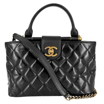 CHANEL シャネル 2WAY マトラッセ ターンロック ショルダーバッグ ハンドバッグ 肩掛け 斜め掛け ココマーク レザー ブラック 黒 アンティークゴールド金具 レディース【中古品】