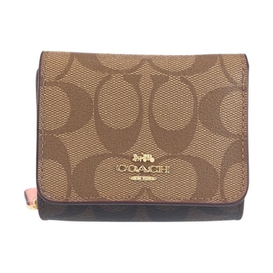 美品 COACH コーチ シグネチャー ベージュ ブラウン ピンク ゴールド金具 レザー 折り財布 コンパクトウォレット 601982 【中古】