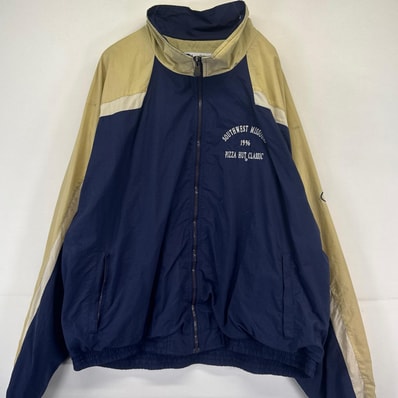 古着 90's/90年代 チャンピオン Champion ジャケット ナイロンジャケット 裏地メッシュ 刺繍デザイン 2XL ネイビー系 メンズ