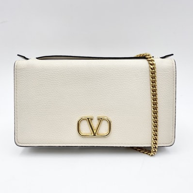VALENTINO GARAVANI(ヴァレンティノ ガラヴァーニ)Vロゴ シグネチャー チェーンウォレット ショルダーバッグ グレインレザー アイボリー ゴールド金具 レディース【中古】