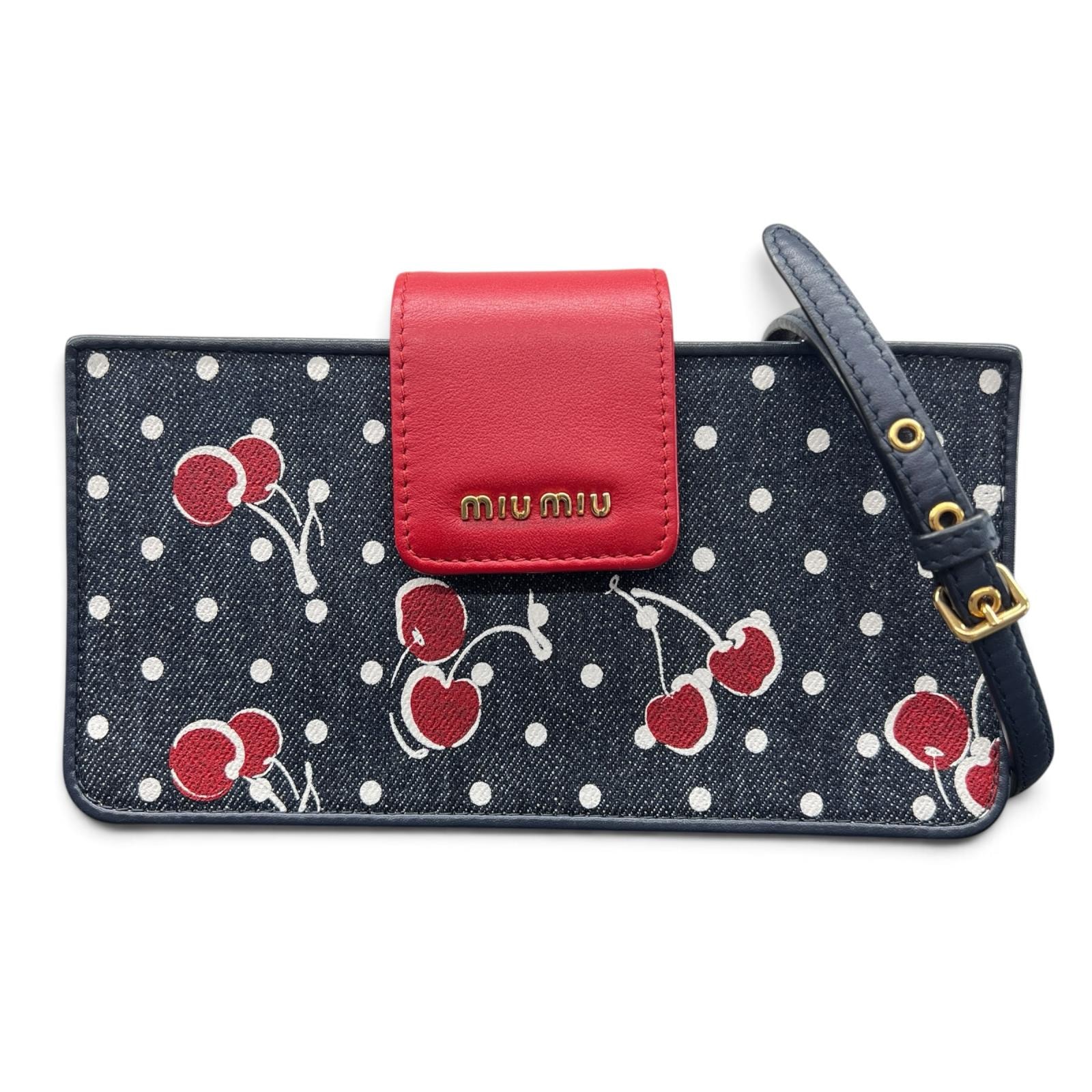 MIUMIU 極美品 ミュウミュウ DENIM CHERRY PO デニム チェリー 2way ショルダーバッグ ポーチ 5ZH042 ネイビー レッド クロスボディ ポシェット フォンホルダー miumiu Aランク 中古 鑑定済 ミュウミュウバッグ