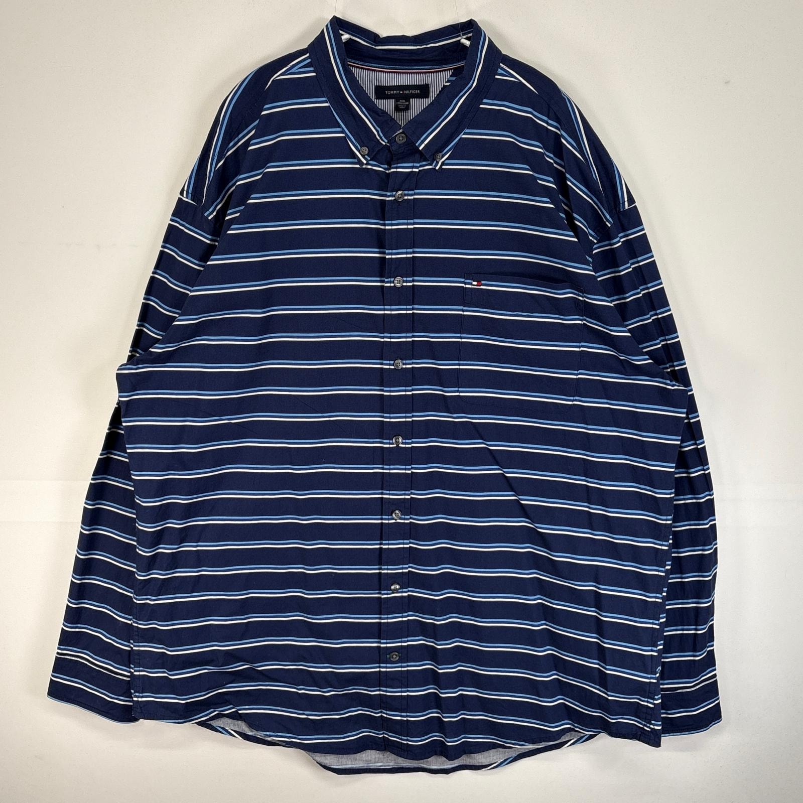 古着 トミーヒルフィガー TOMMY HILFIGER 長袖シャツ ロゴ 刺繍 大きいサイズ ボーダー 14042  ネイビー系 マルチカラー メンズ