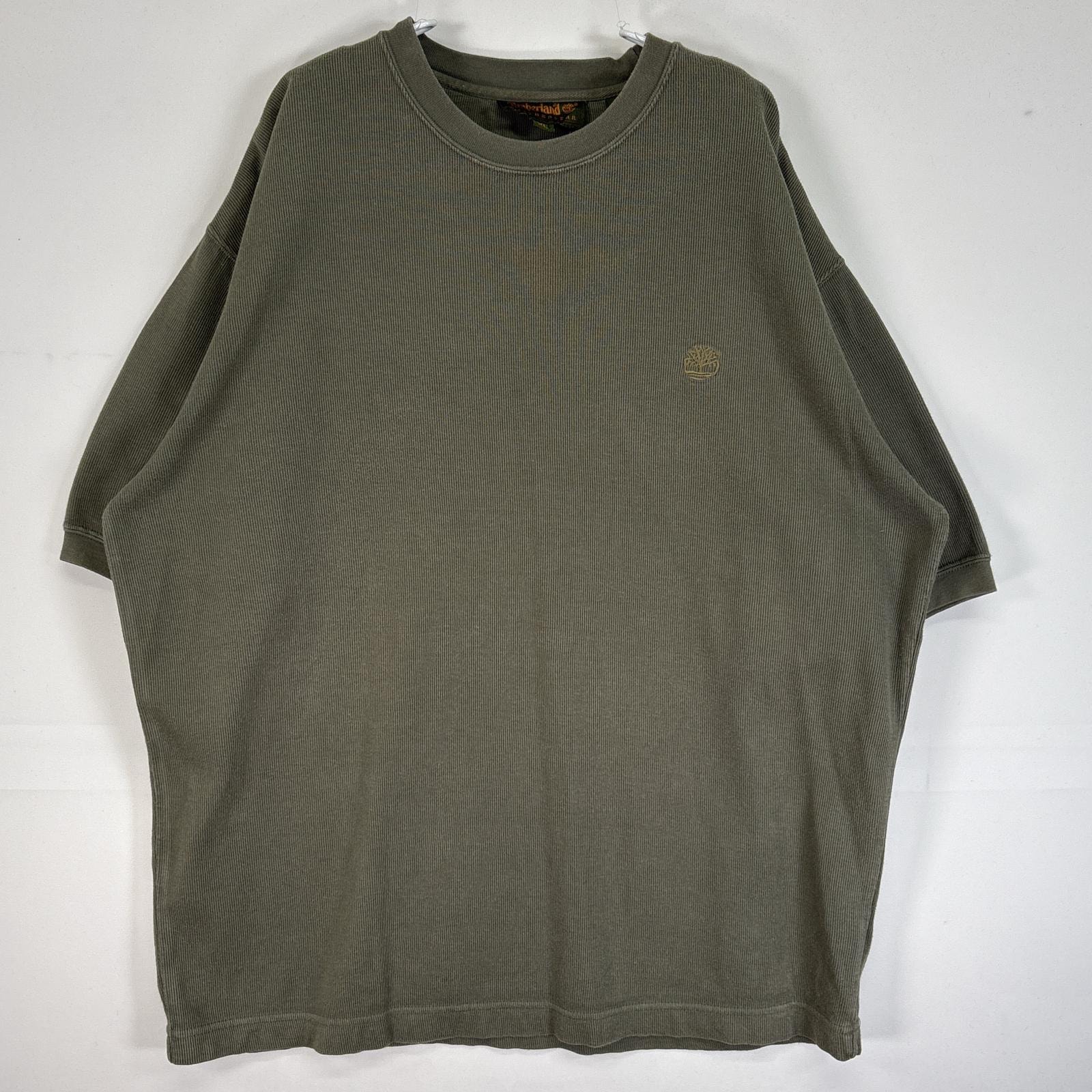 古着 ティンバーランド Timberland 半袖Tシャツ リブ編み 大きいサイズ 厚手 ロゴ 刺繍 XL カーキ 無地 メンズ