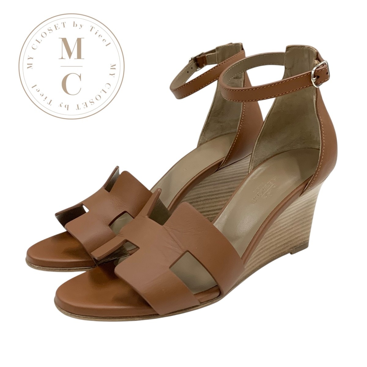 エルメス HERMES レジェンド サンダル 靴 シューズ レザー ブラウン ウェッジソール アンクルストラップ