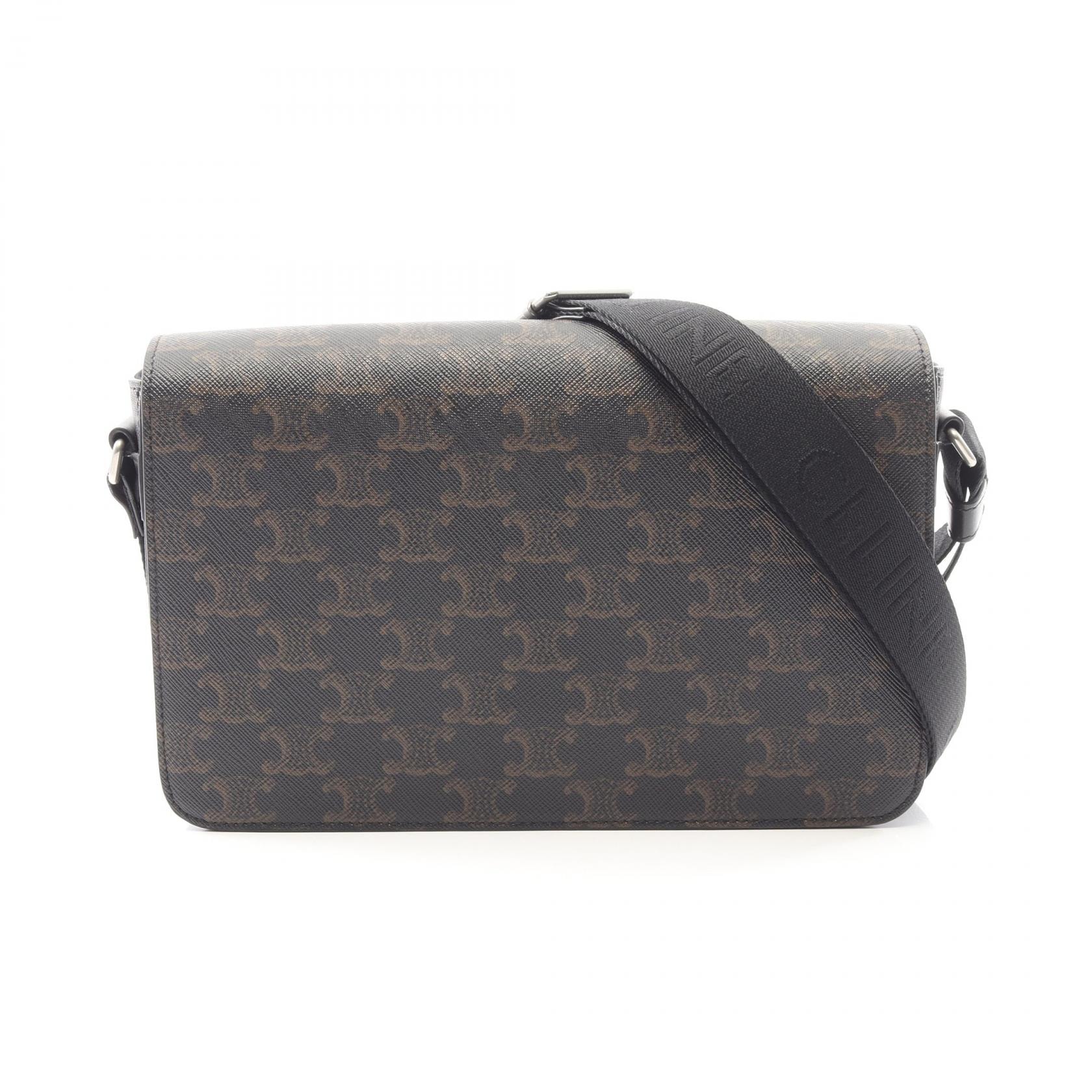 セリーヌ CELINE トリオンフ フラップ メッセンジャーバッグ ショルダーバッグ バッグ PVCコーティングキャンバス レザー メンズ ブラック系 111592ETH.38SI 【中古】