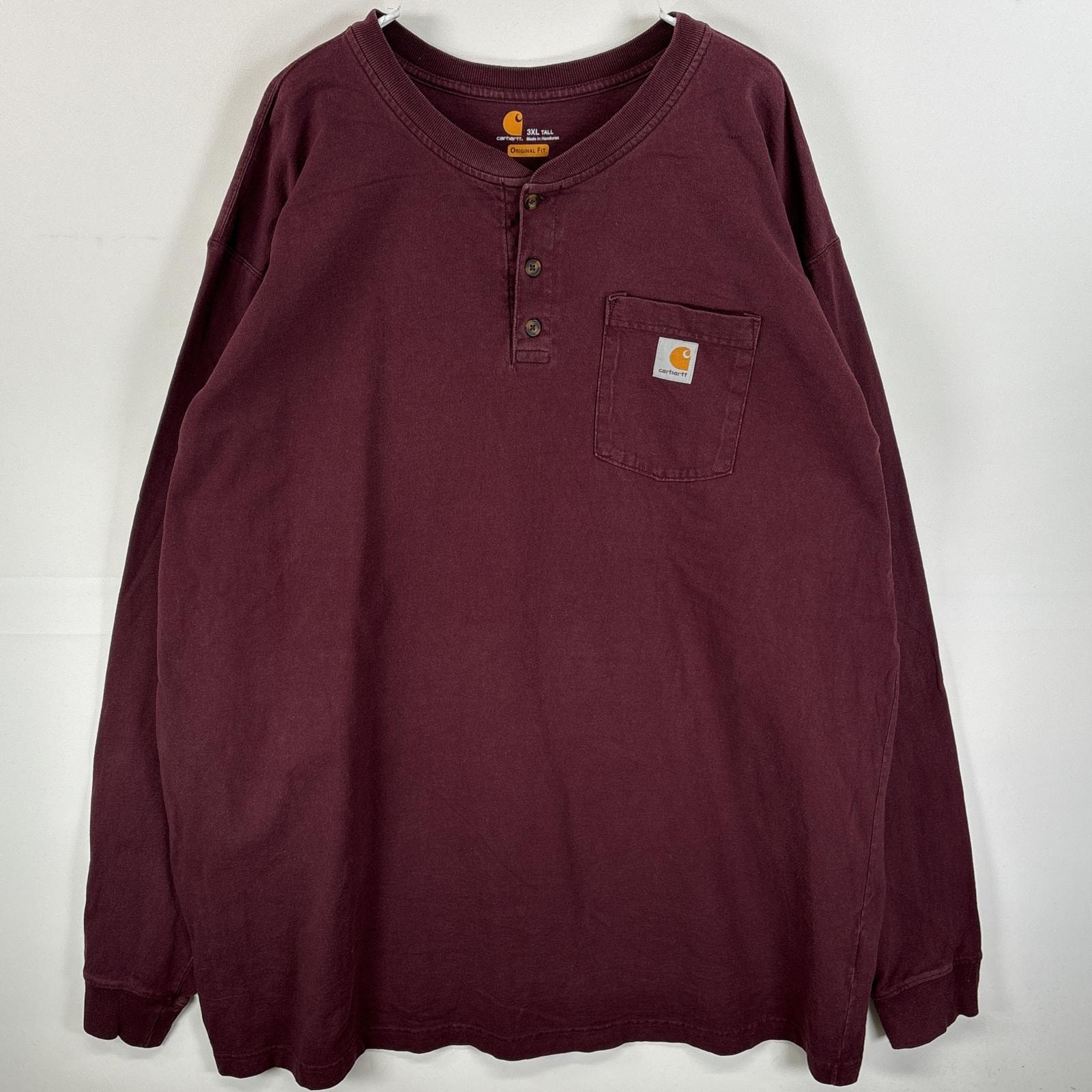 古着 カーハート Carhartt 長袖Tシャツ ヘンリーネック 胸ポケ ワンポイント ロゴ 3XL  ワインレッド 無地 メンズ
