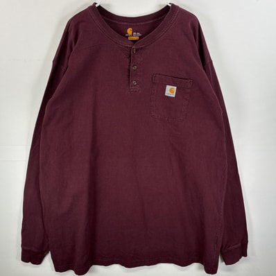 古着 カーハート Carhartt 長袖Tシャツ ヘンリーネック 胸ポケ ワンポイント ロゴ 3XL ワインレッド 無地 メンズ