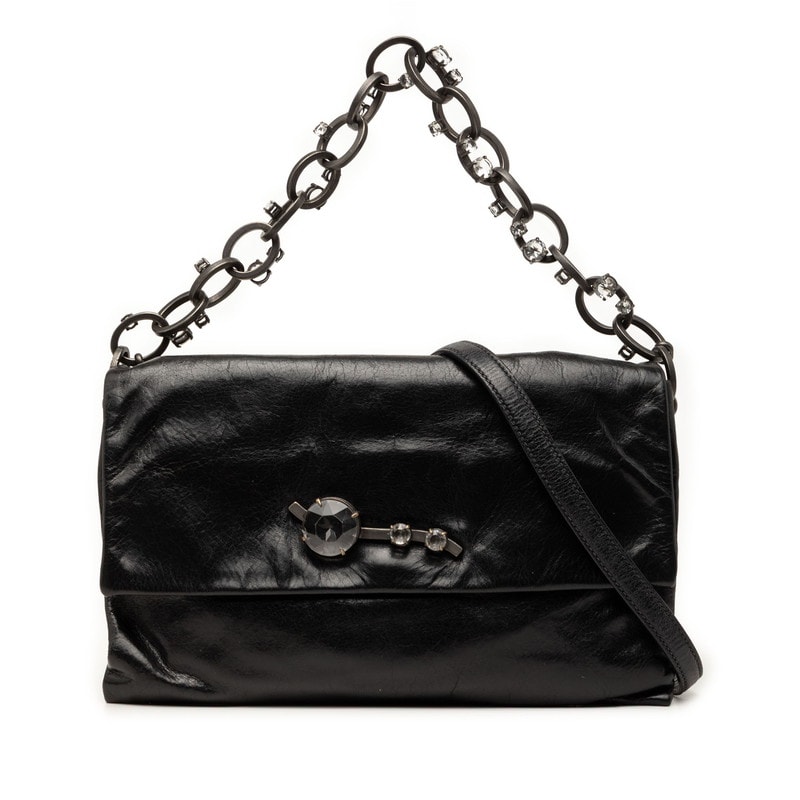 ミュウミュウ ロゴ ハンドバッグ ショルダーバッグ 2WAY ブラック レザー ラインストーン レディース MIUMIU 【中古】