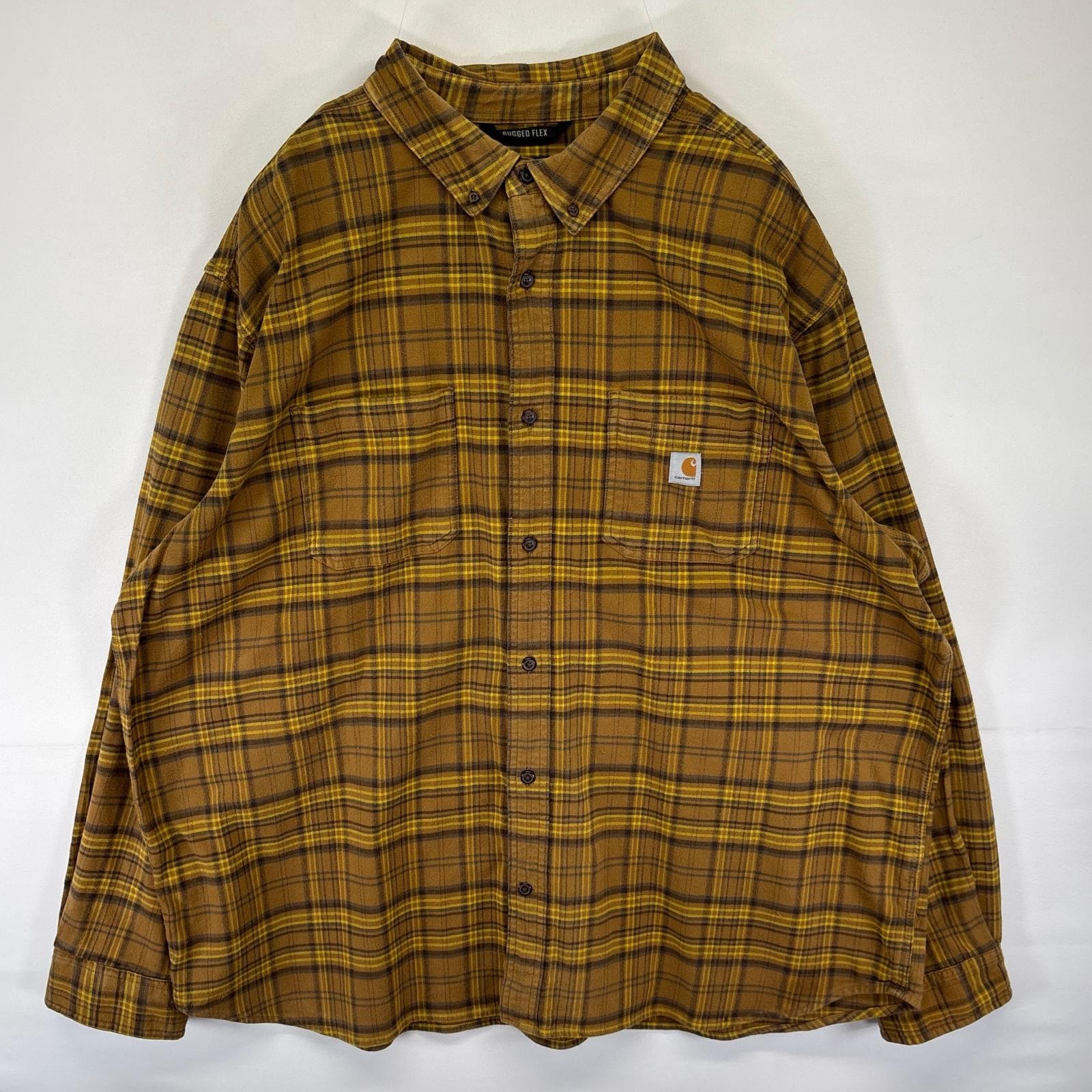 古着 カーハート Carhartt 長袖シャツ ワンポイント ロゴ 胸ポケット ストレッチ 大きいサイズ 3XL  ブラウン系 チェック メンズ