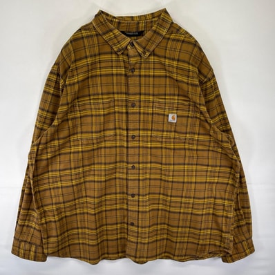 古着 カーハート Carhartt 長袖シャツ ワンポイント ロゴ 胸ポケット ストレッチ 大きいサイズ 3XL ブラウン系 チェック メンズ