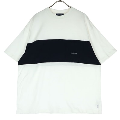 NAUTICA ノーティカ コットン バイカラー ワンポイントロゴ 半袖 厚手 Tシャツ M ホワイト