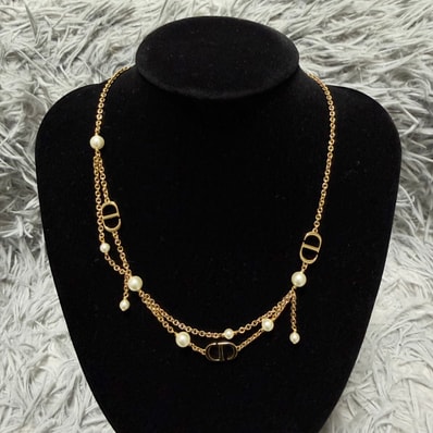 Dior Petit CD Necklace Metal with Resin Pearls and Crystals "Gold/White/Silver"
