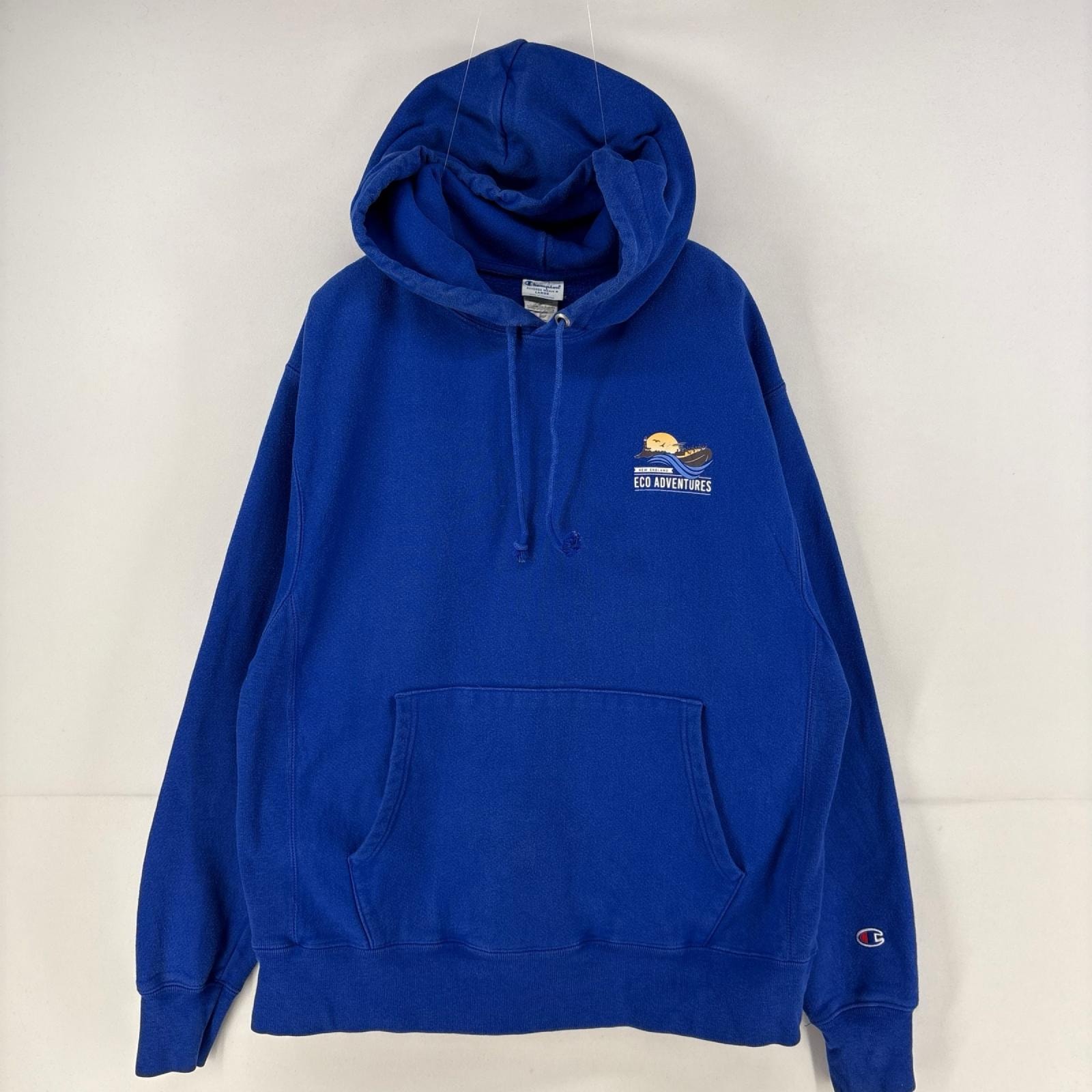 古着 チャンピオン Champion パーカー プルオーバー 両面プリント リバースウィーブ スウェット バックプリント L  ブルー 無地 メンズ