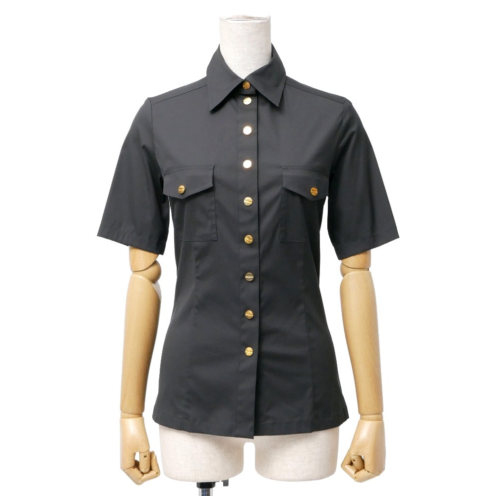 ■美品■CELINE セリーヌ 半袖シャツ サイズ34 金ロゴボタン ブラック フランス製 ブランド古着【中古】20260212/RA7771