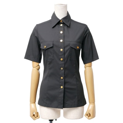 ■美品■CELINE セリーヌ 半袖シャツ サイズ34 金ロゴボタン ブラック フランス製 ブランド古着【中古】20260212/RA7771