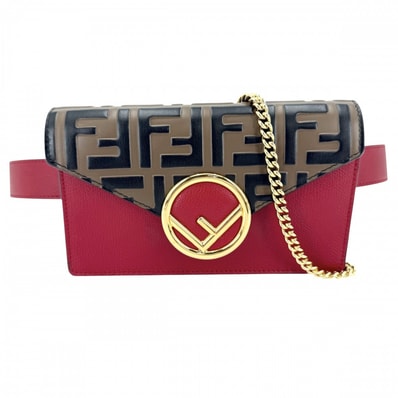 FENDI フェンディ 2WAY ズッカ エフイズ ボディバッグ ショルダーバッグ 8BM005 レザー ブラウン 茶 レッド 赤 ゴールド金具 メンズ 美品【中古品】