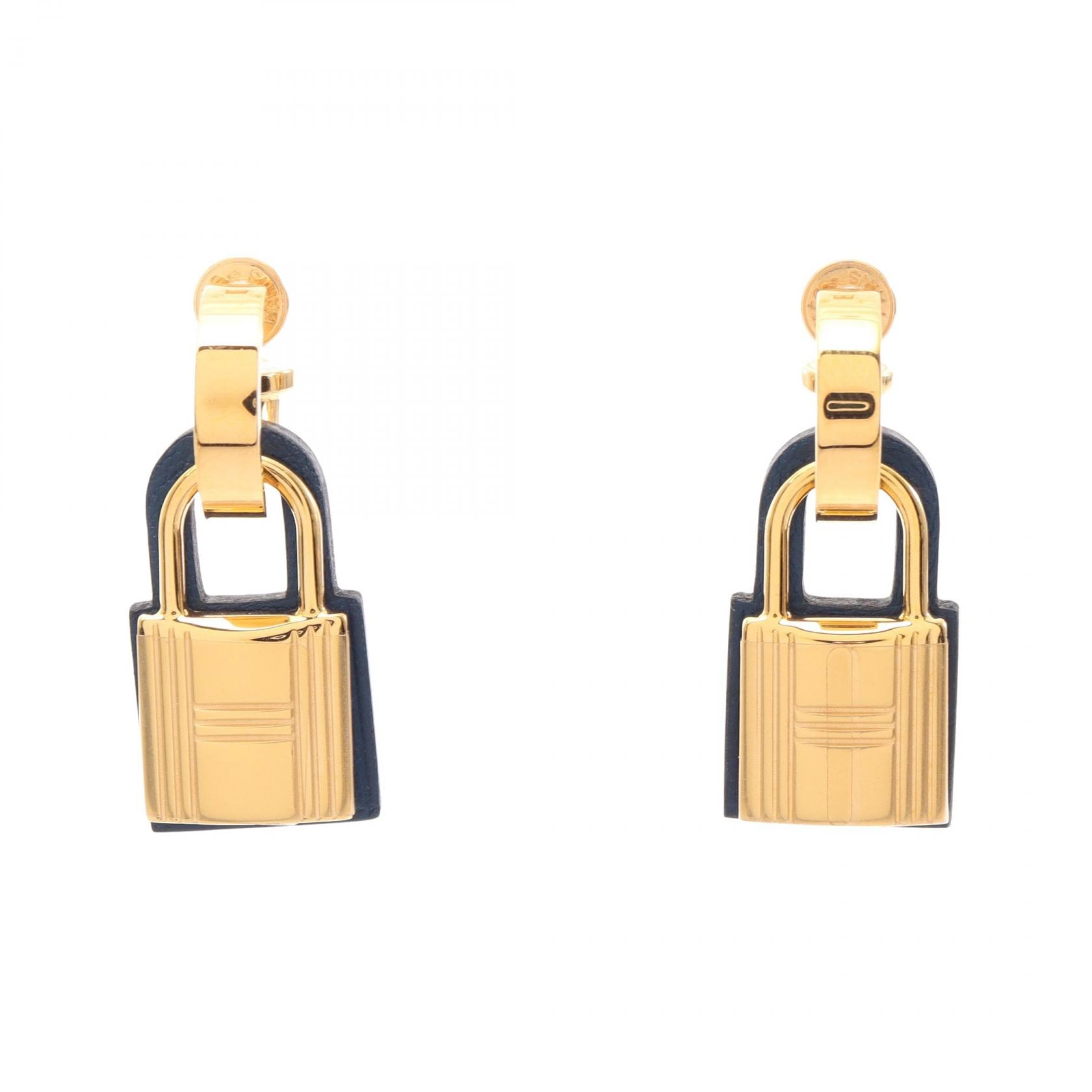 エルメス HERMES オーケリー D刻印 ピアス ジュエリー GP(ゴールドメッキ) レザー ゴールド レディース ネイビー系 / ゴールド系 【中古】