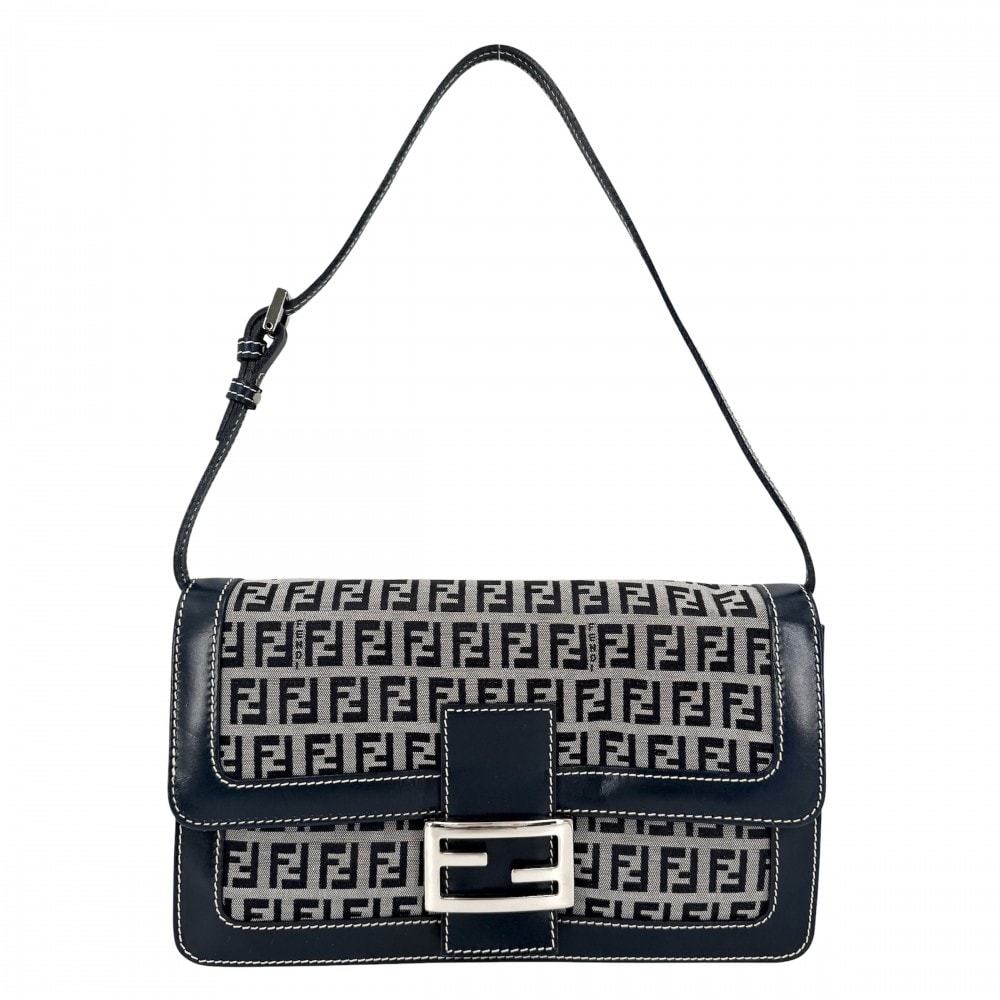 FENDI フェンディ ハンドバッグ ズッキーノ セミショルダーバッグ 肩掛け キャンバス  レザー   ネイビー 紺 シルバー金具 レディース【中古品】