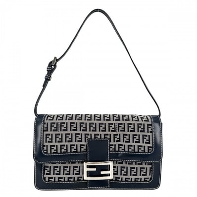 FENDI フェンディ ハンドバッグ ズッキーノ セミショルダーバッグ 肩掛け キャンバス レザー ネイビー 紺 シルバー金具 レディース【中古品】