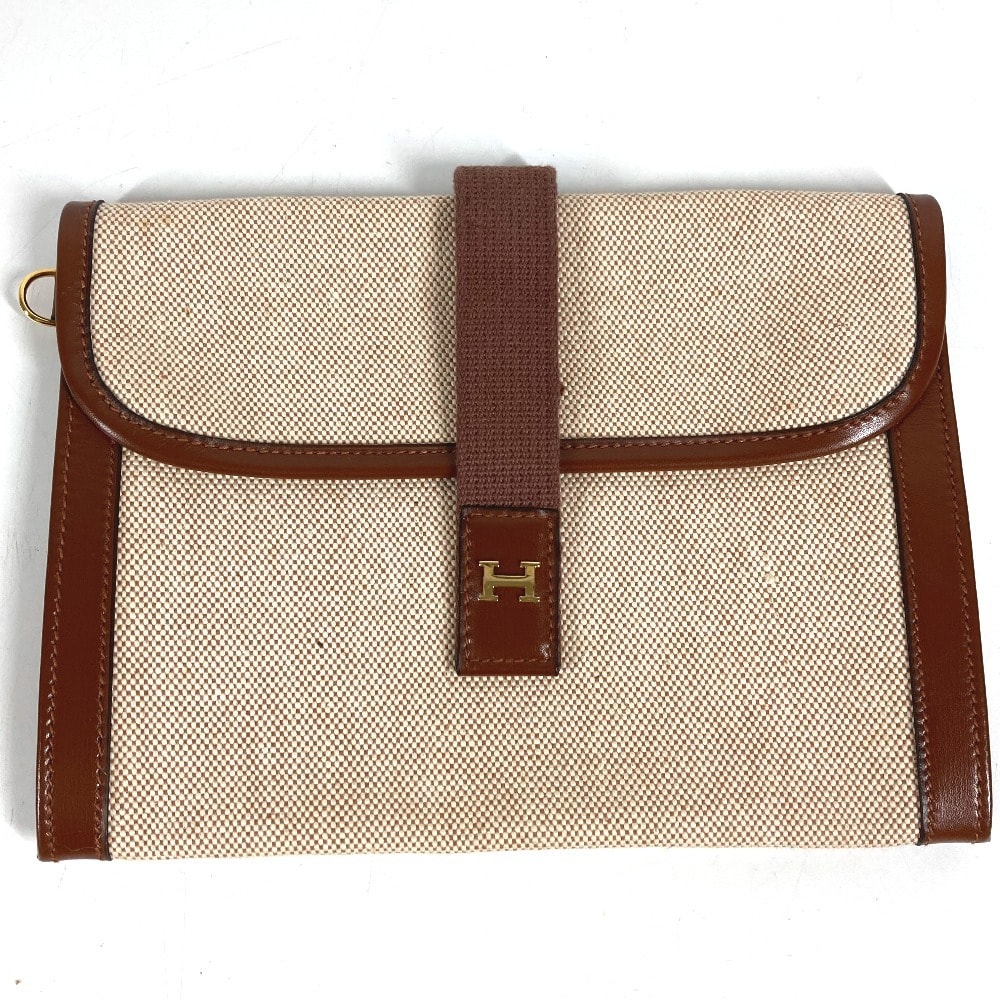 エルメス HERMES Hロゴ ヴィンテージ カバン セカンドバッグ ポーチ フラップ クラッチバッグ レザー/キャンバス F〇刻 ベージュ