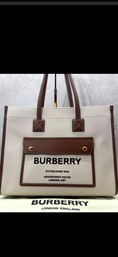 Burberry Medium Two Tone Canvasleather Freya Tote "Natural/Tan"