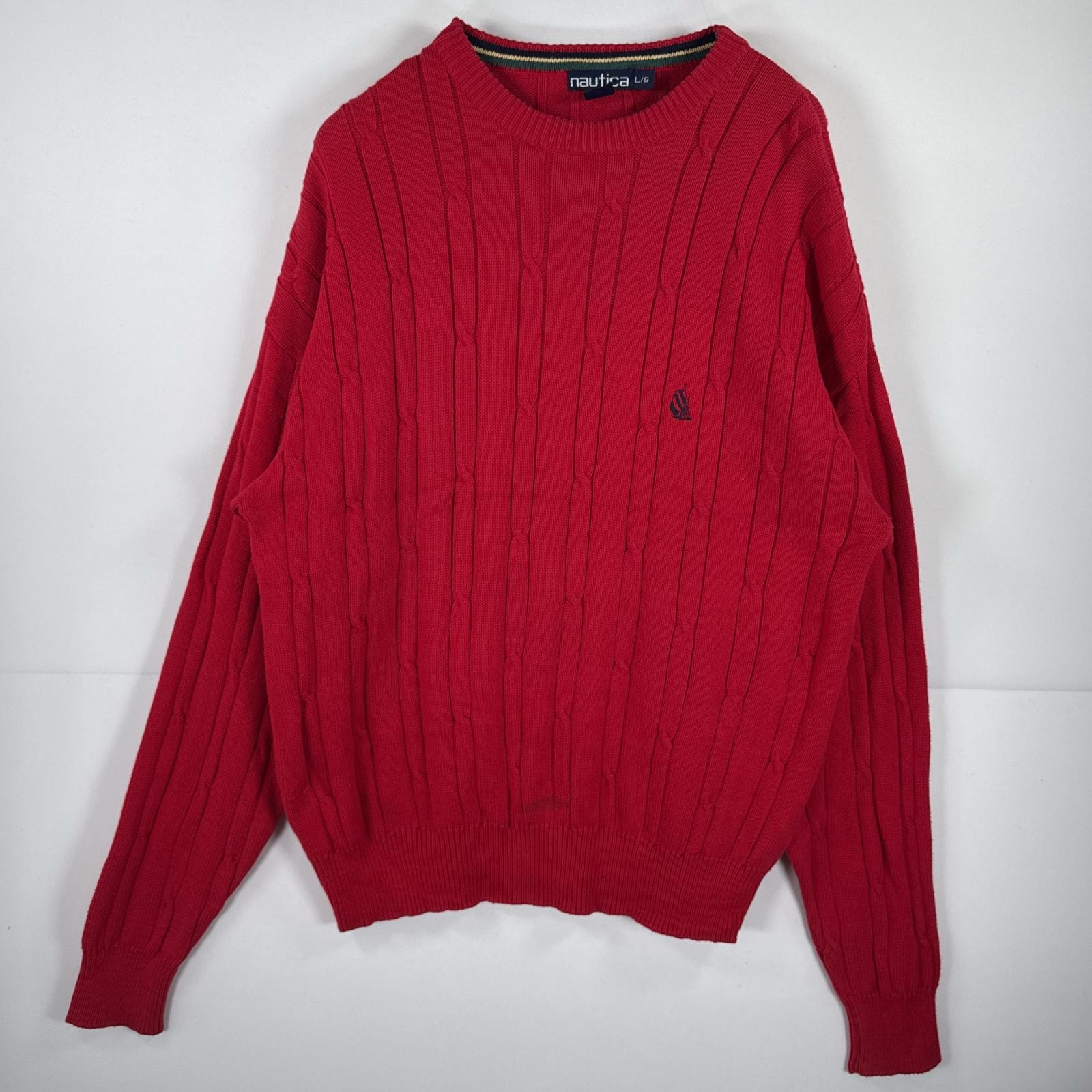 古着 90's/90年代 ノーティカ NAUTICA 長袖 ニット クルーネック ケーブル編み セーター ワンポイント L レッド 無地 メンズ