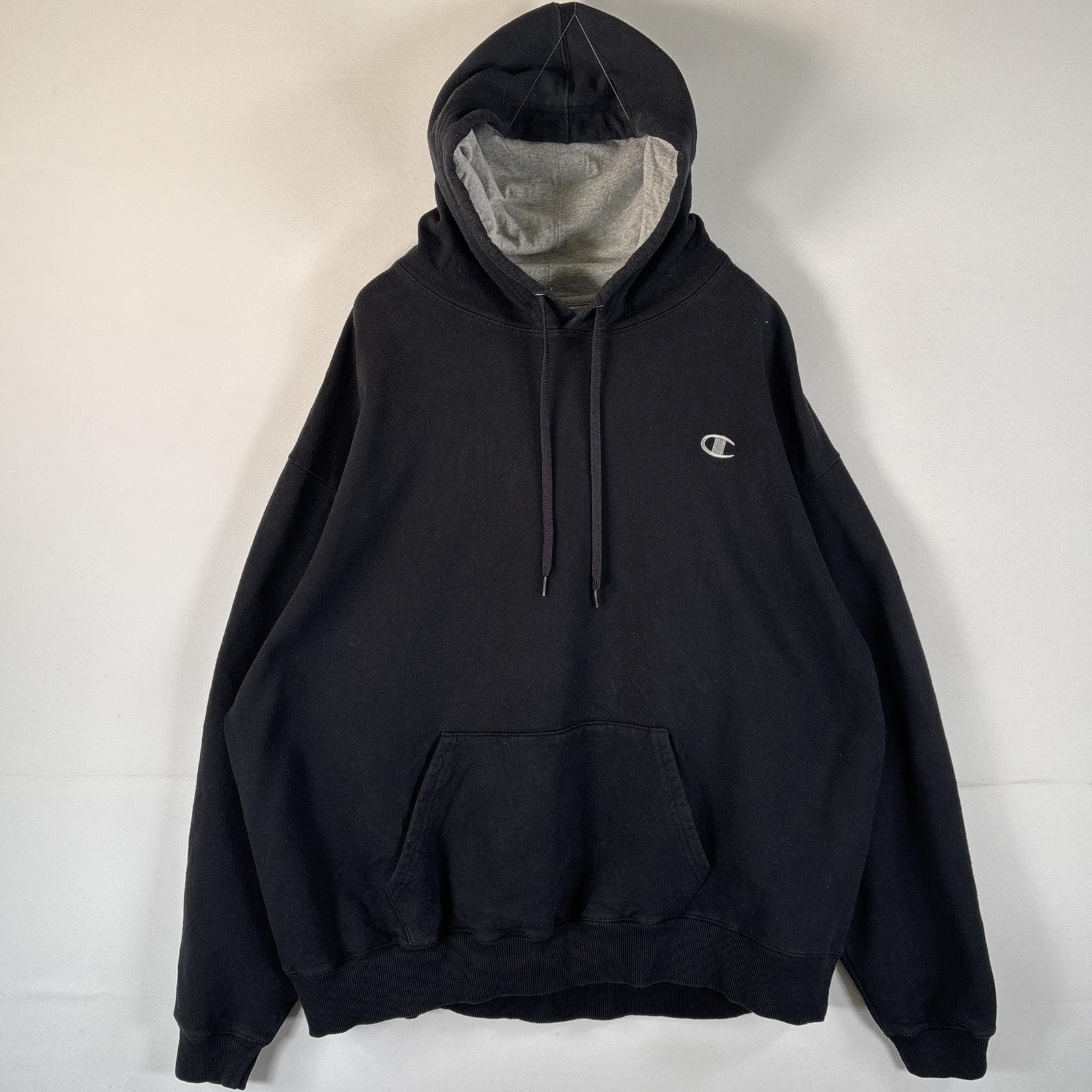 古着 チャンピオン Champion パーカー ワンポイントロゴ刺繍 フーディー マフポケット 大きいサイズ 14041  ブラック メンズ