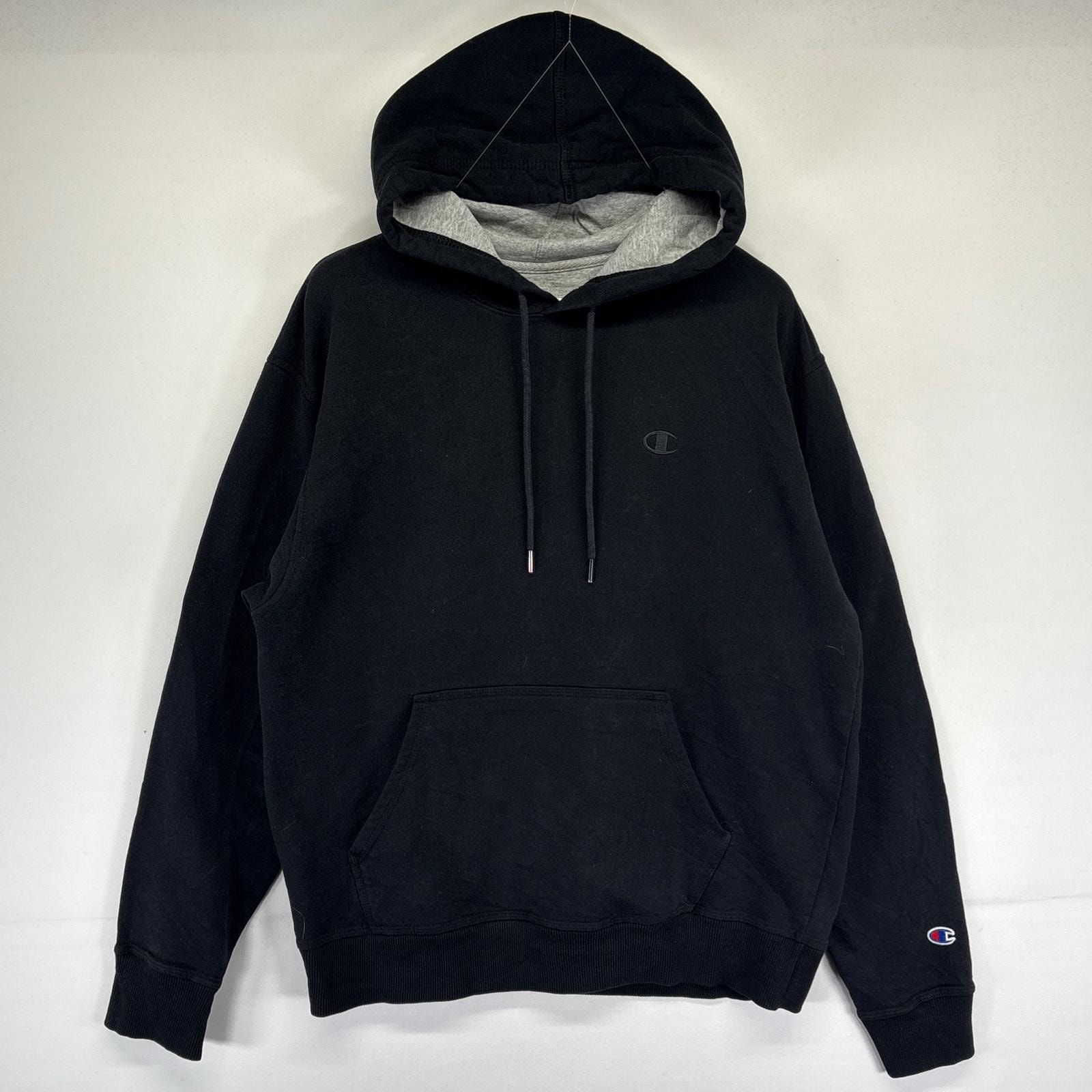 古着 チャンピオン Champion パーカー プルオーバー フーディ スウェット ワンポイント刺繍ロゴ M ブラック系 メンズ