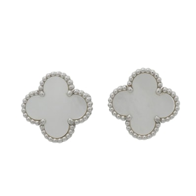 【6jkb0556】ヴァンクリーフ&アーペル ピアス ヴィンテージ アルハンブラ K18WG ホワイトゴールド マザーオブパール【中古】レディース