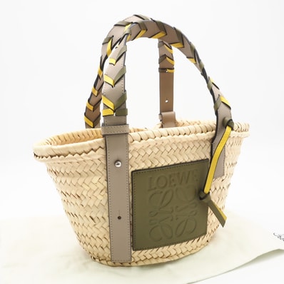 美品 LOEWE ロエベ ヤシの葉&カーフ アナグラム バスケットバッグ スモール オリーブ サンド イエロー A223S93X21 ハンドバッグ ベージュ カーキ イエロー カーフレザー ヤシの葉 レディース