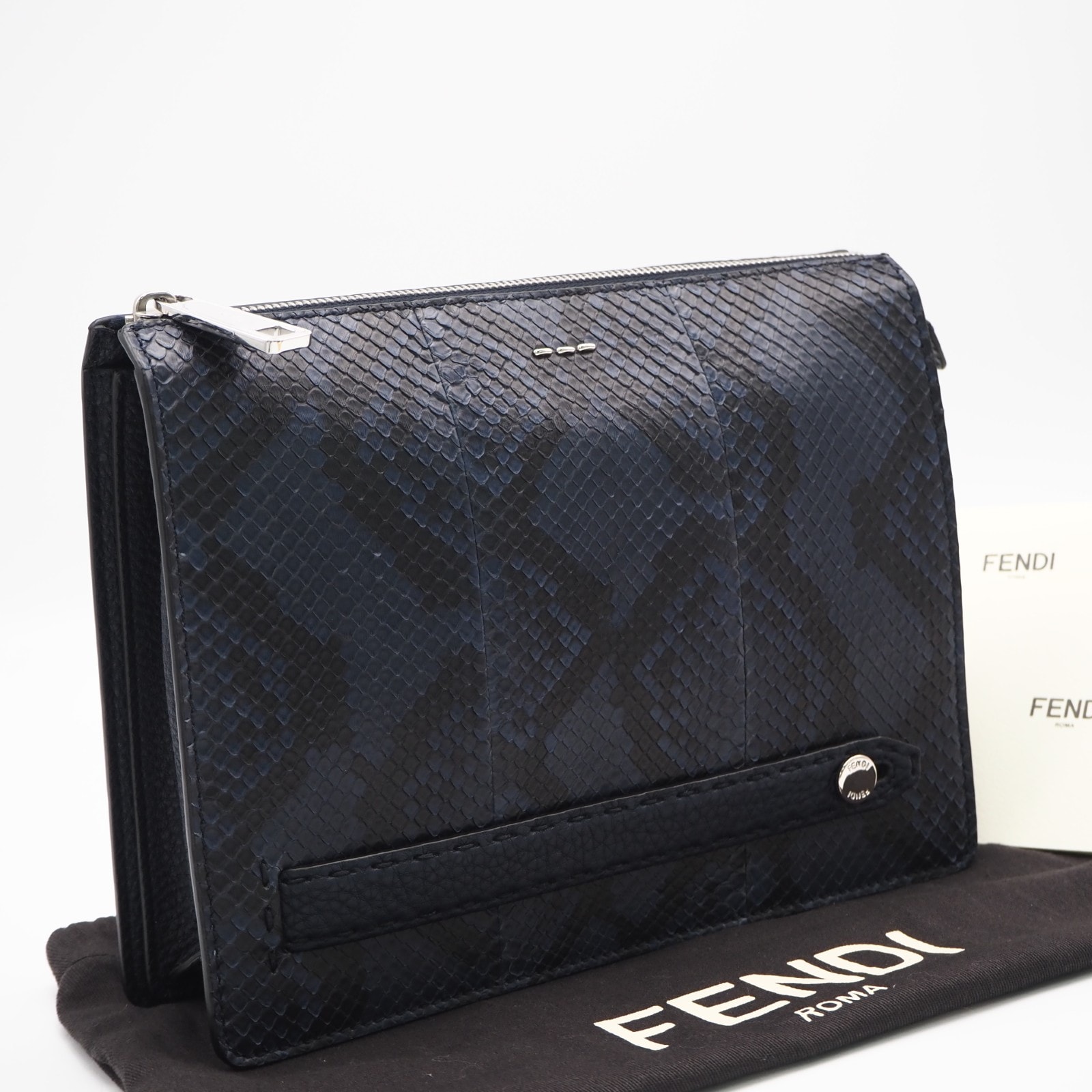 美品 FENDI フェンディ パイソン クラッチバッグ 7VA445 クラッチバッグ ブルー ブラック パイソン レザー メンズ
