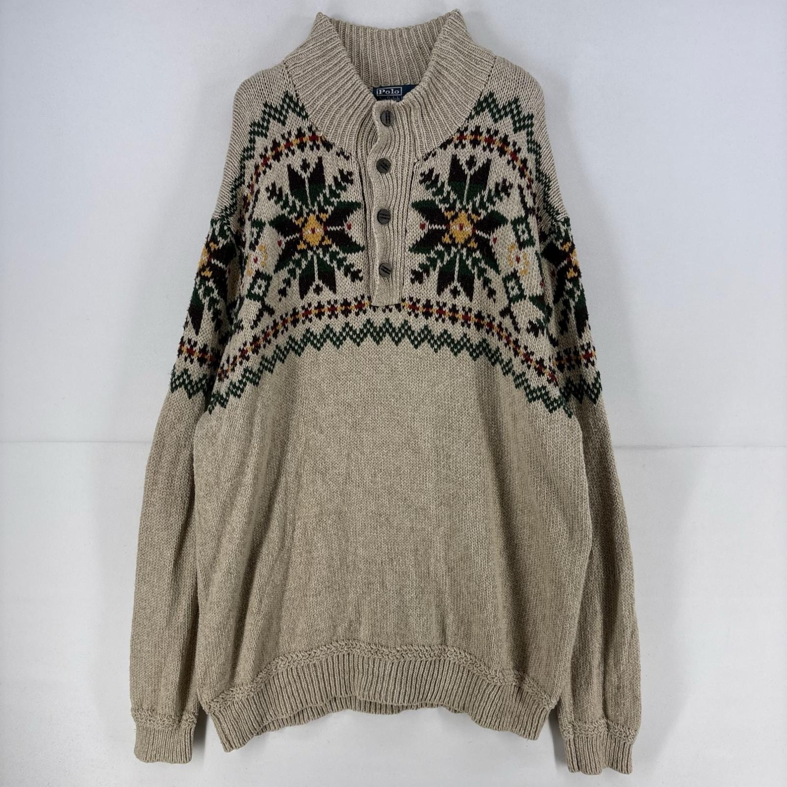 古着 ラルフローレン RALPH LAUREN ニット ハーフボタン セーター ノルディック柄 リネン シルク 3XL  ベージュ系 総柄 メンズ