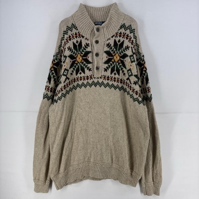 古着 ラルフローレン RALPH LAUREN ニット ハーフボタン セーター ノルディック柄 リネン シルク 3XL ベージュ系 総柄 メンズ