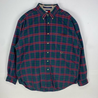 古着 90's/90年代 トミーヒルフィガー TOMMY HILFIGER 長袖シャツ ボタンダウン 胸ポケット L グリーン系 チェック メンズ