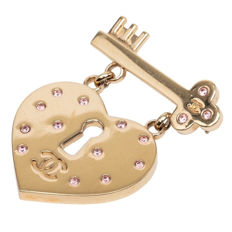 シャネル ココマーク ハートロック キー ブローチ 02P ゴールド ピンク メッキ ラインストーン レディース CHANEL 中古