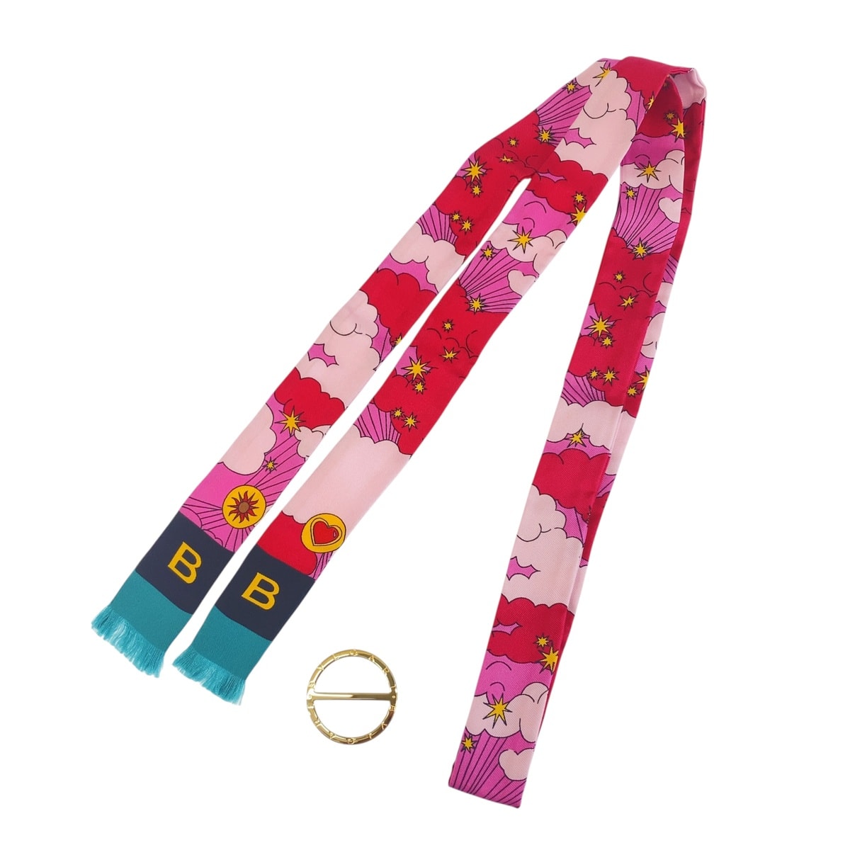 美品 BVLGARI ブルガリ ピンク ブルー シルク メタル/ リボンスカーフ スカーフリング 1-0294743 【中古】