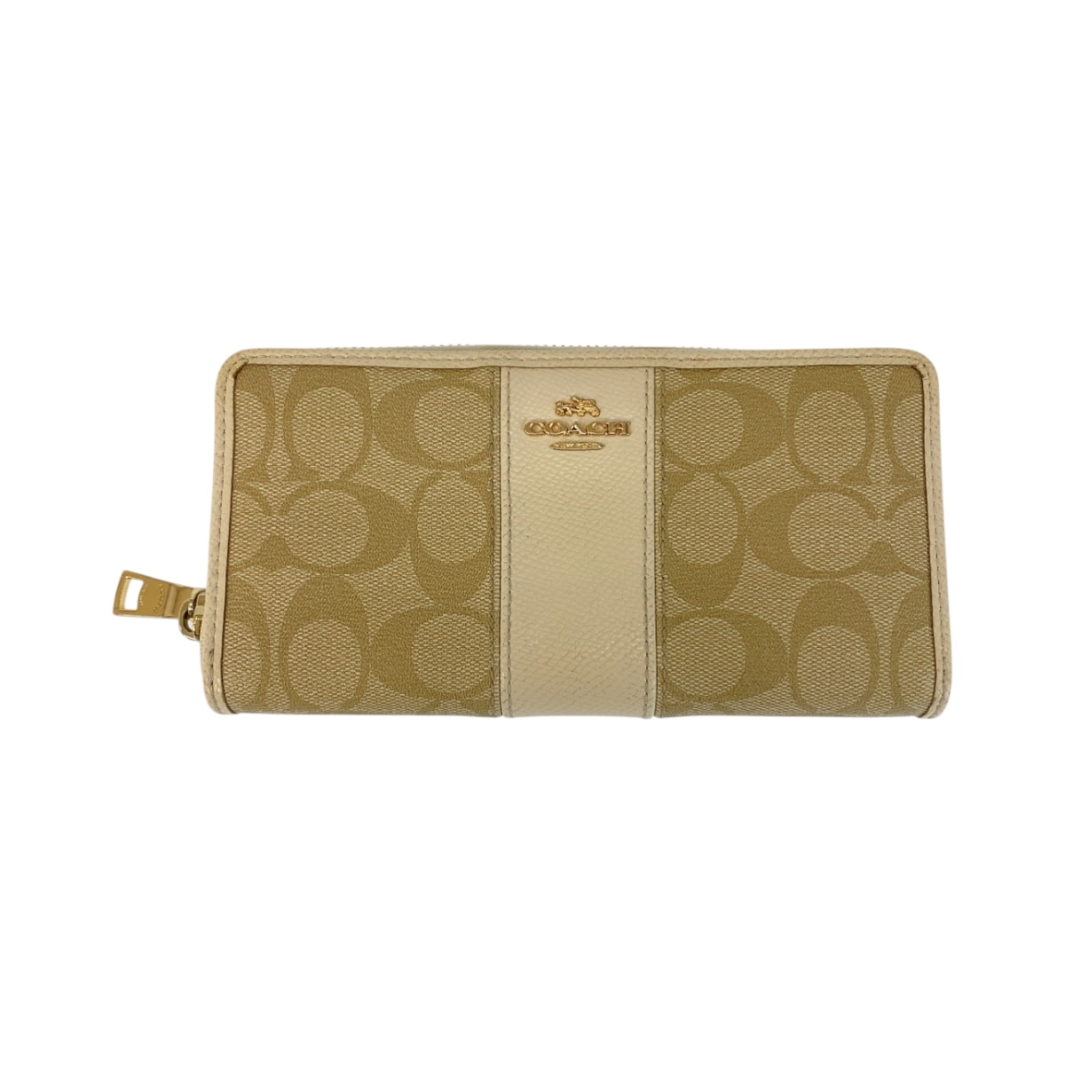 COACH コーチ シグネチャー ベージュ アイボリー ゴールド金具 PVC レザー/ 長財布 ラウンドファスナー 600287 【中古】