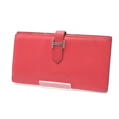 HERMES(エルメス)ベアン ヴィンテージ 長財布 二つ折りウォレット レッド レザー シルバー金具 H金具 レディース【中古】
